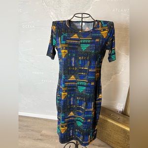 NEW Lularoe Geometric Indigo Gray Green Mustard Print Julia Dress 2X Plus